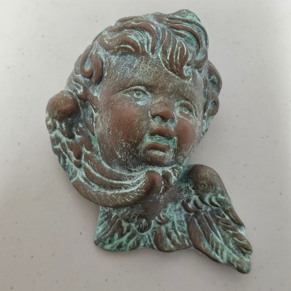 Vintage Angel Cherub Head Wall Hanging Plaster Green Copper Patina